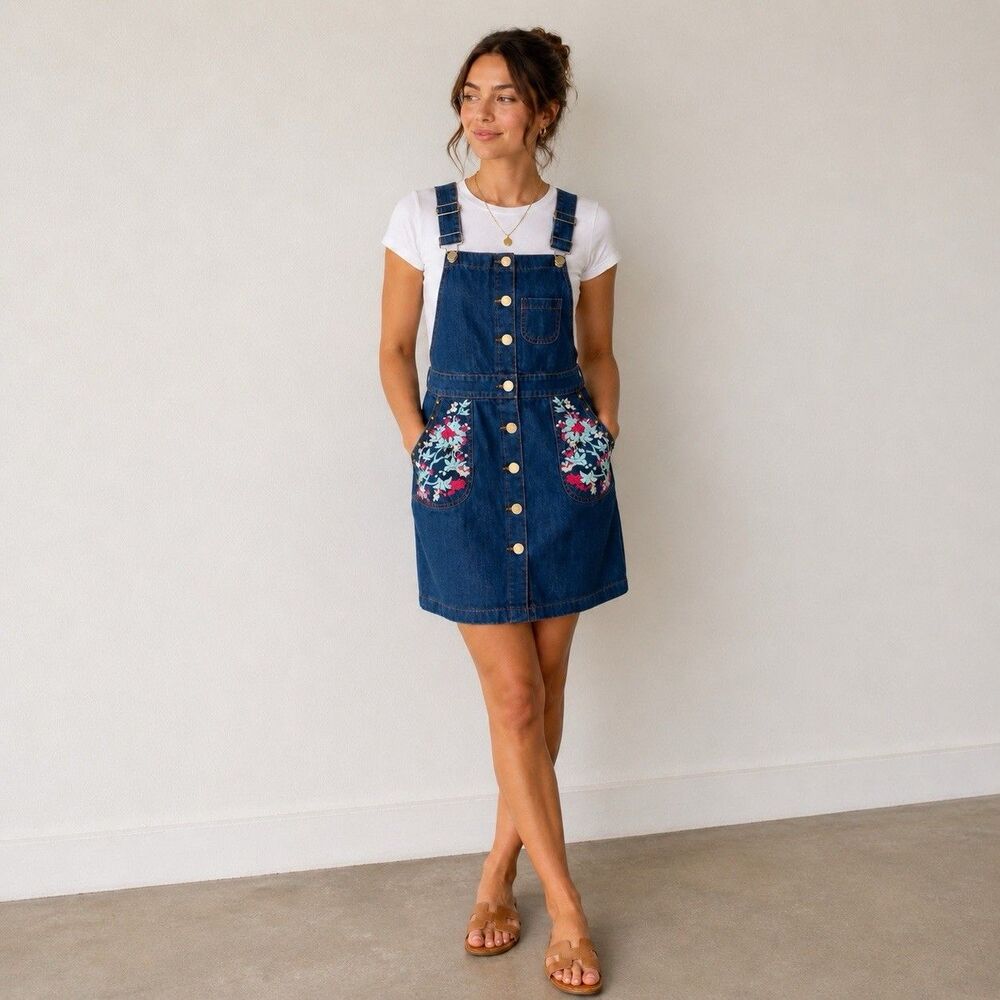 POL Overall Dress Embroidered Denim Jumper Studded Pockets Blue Logo Boho Preppy